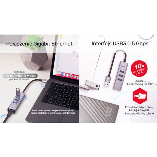 Hub USB-C/A -> USB 3.1 x3 RJ45 Unitek Y-3088B
