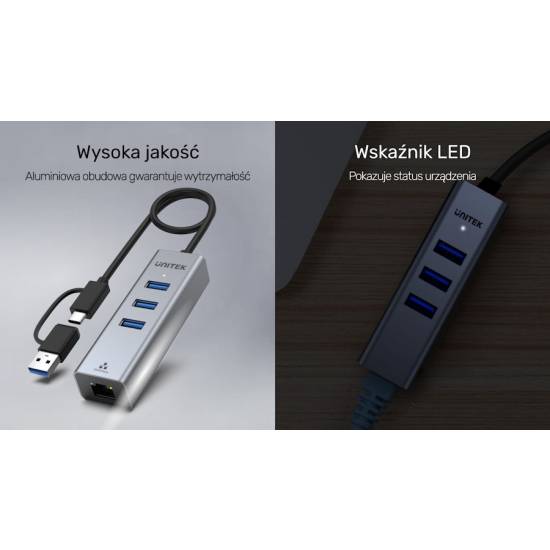 Hub USB-C/A -> USB 3.1 x3 RJ45 Unitek Y-3088B
