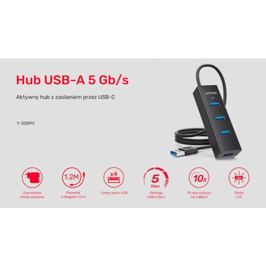 Hub USB-A -> USB-A x4 zintegrowany kabel 1,2m aktywny Unitek Y-3089V01