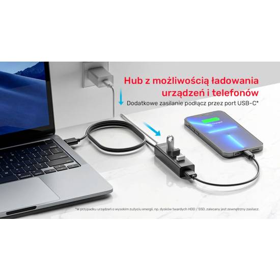 Hub USB-A -> USB-A x4 zintegrowany kabel 1,2m aktywny Unitek Y-3089V01