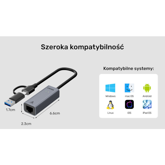 Karta sieciowa USB-C/USB-A -> RJ45 1Gbps Unitek Y-3465AGY01