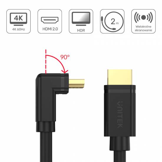 Kabel HDMI 2.0 M/M Basic kątowy 90 stopni 4K 2,0m Unitek Y-C1001