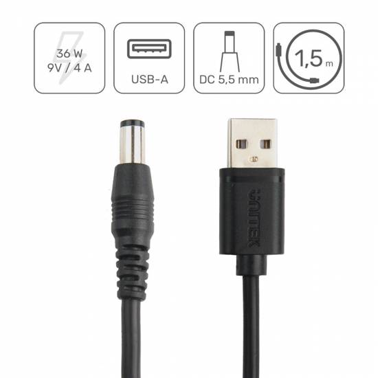 Kabel USB zasilający DC (5.5/2.5mm) 1,5m Unitek Y-C4046BK