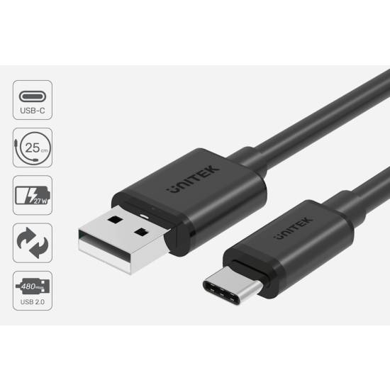 Kabel USB 2.0 A - USB C 0,25m Unitek Y-C480BK