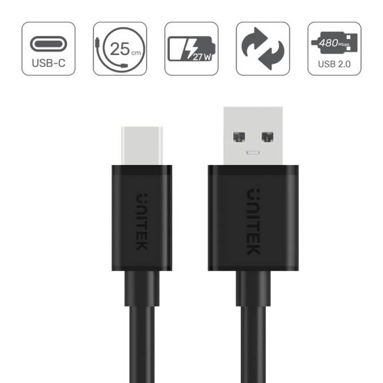 Kabel USB 2.0 A - USB C 0,25m Unitek Y-C480BK